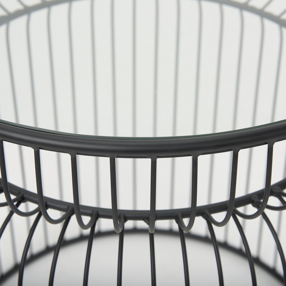 Set of Two Clear and Black Tempered Glass and Metal Wire Round Drum End Tables