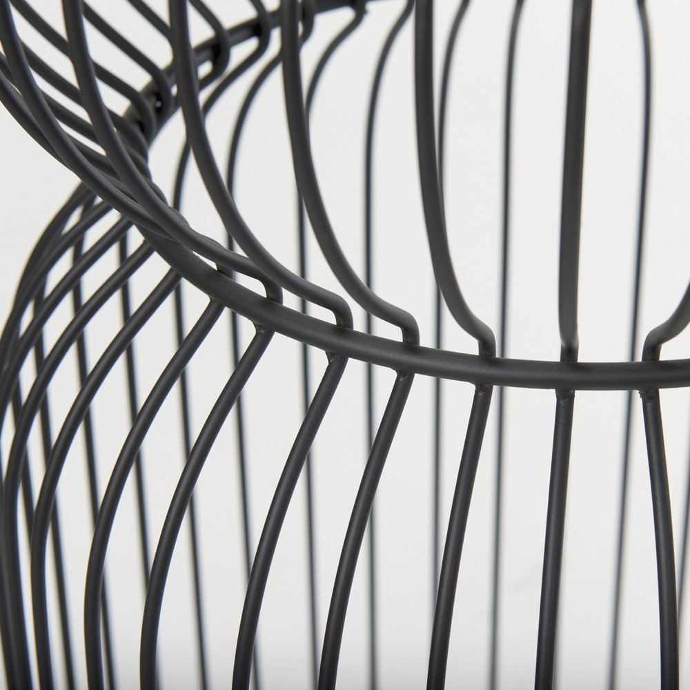 Set of Two Clear and Black Tempered Glass and Metal Wire Round Drum End Tables