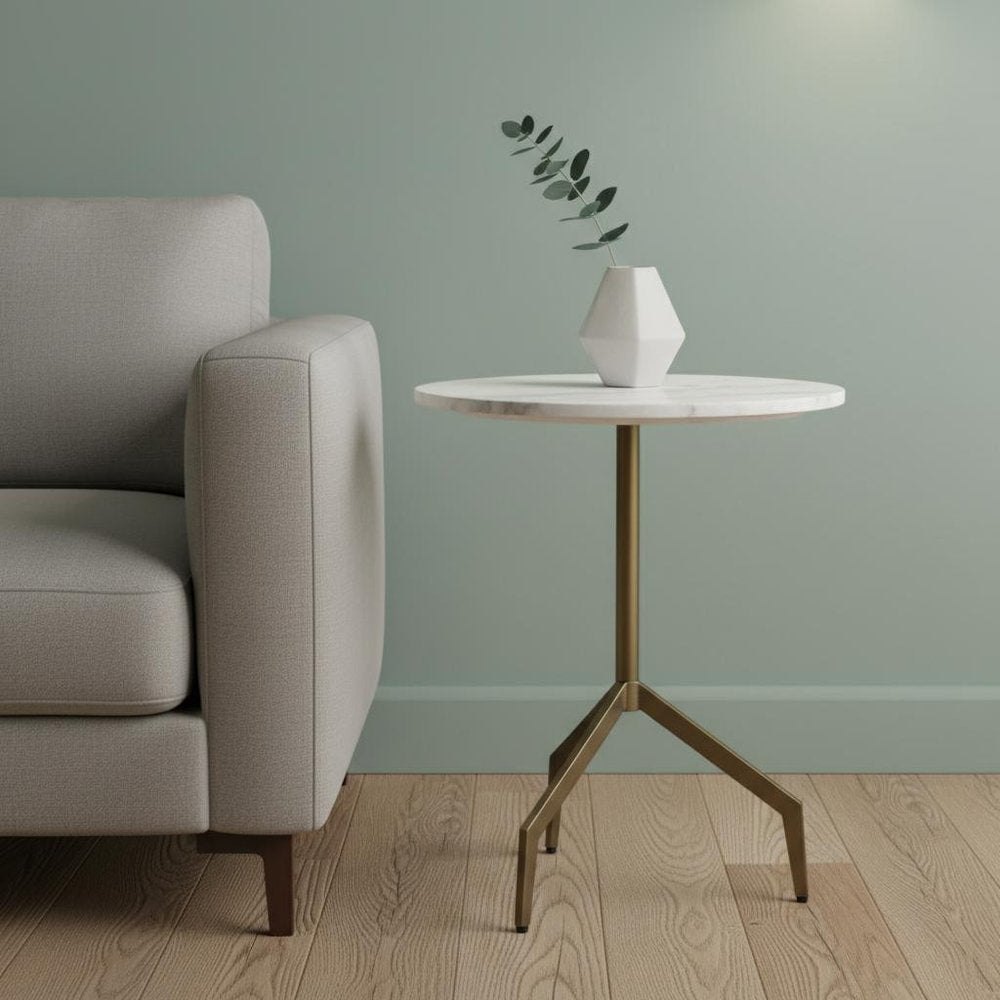 20" White and Gold Stone and Iron Oval End Table
