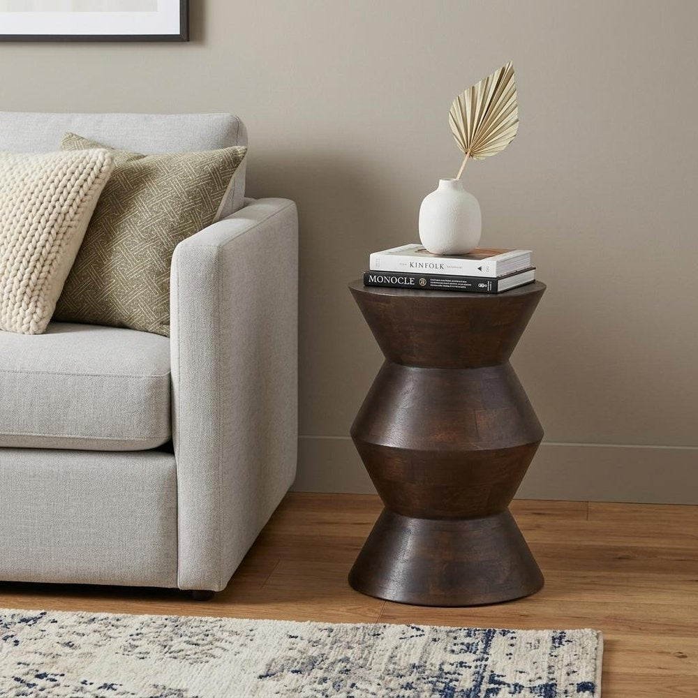 18" Dark Brown Solid Wood Round Block End Table