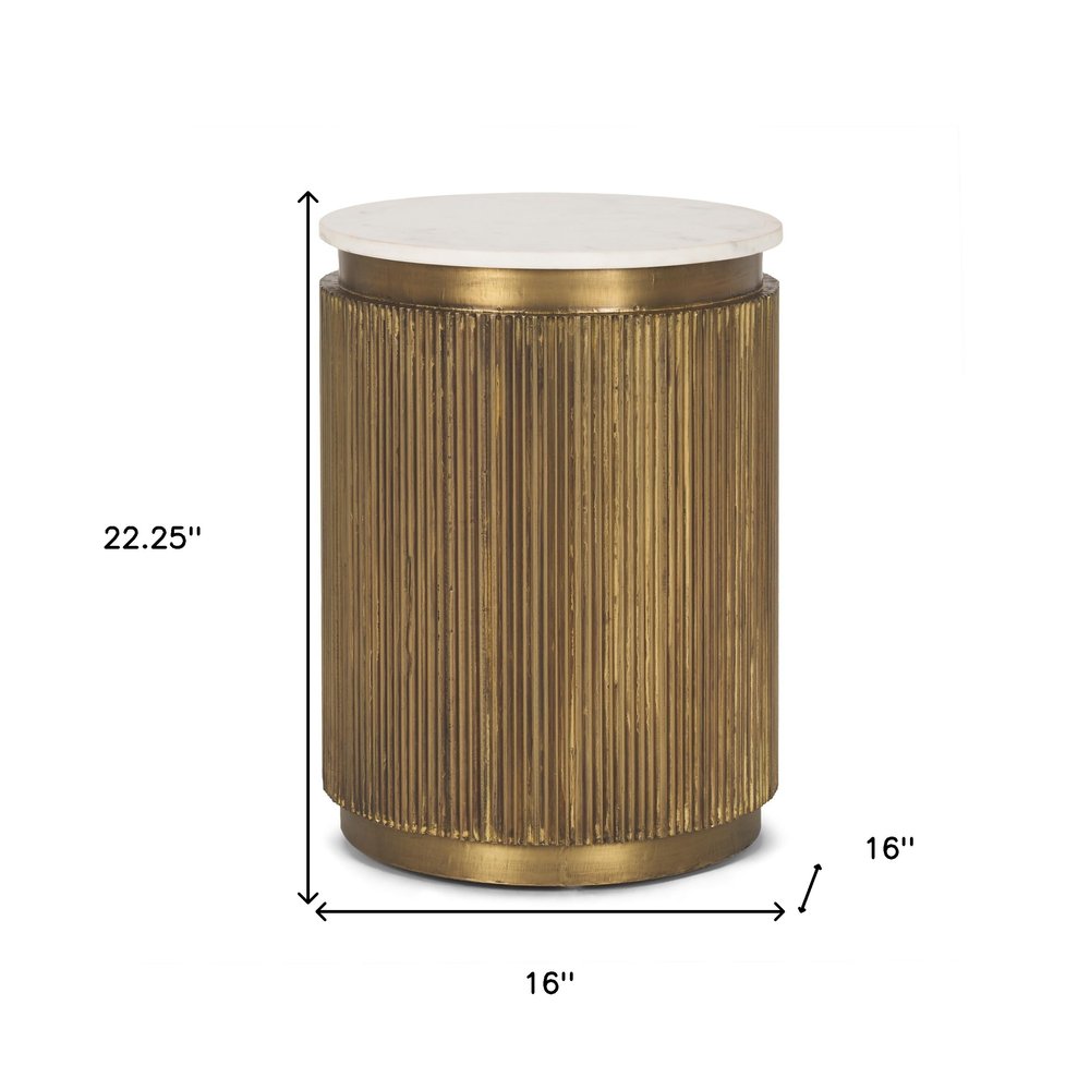 22" White and Gold Stone and Brass Round Block End Table