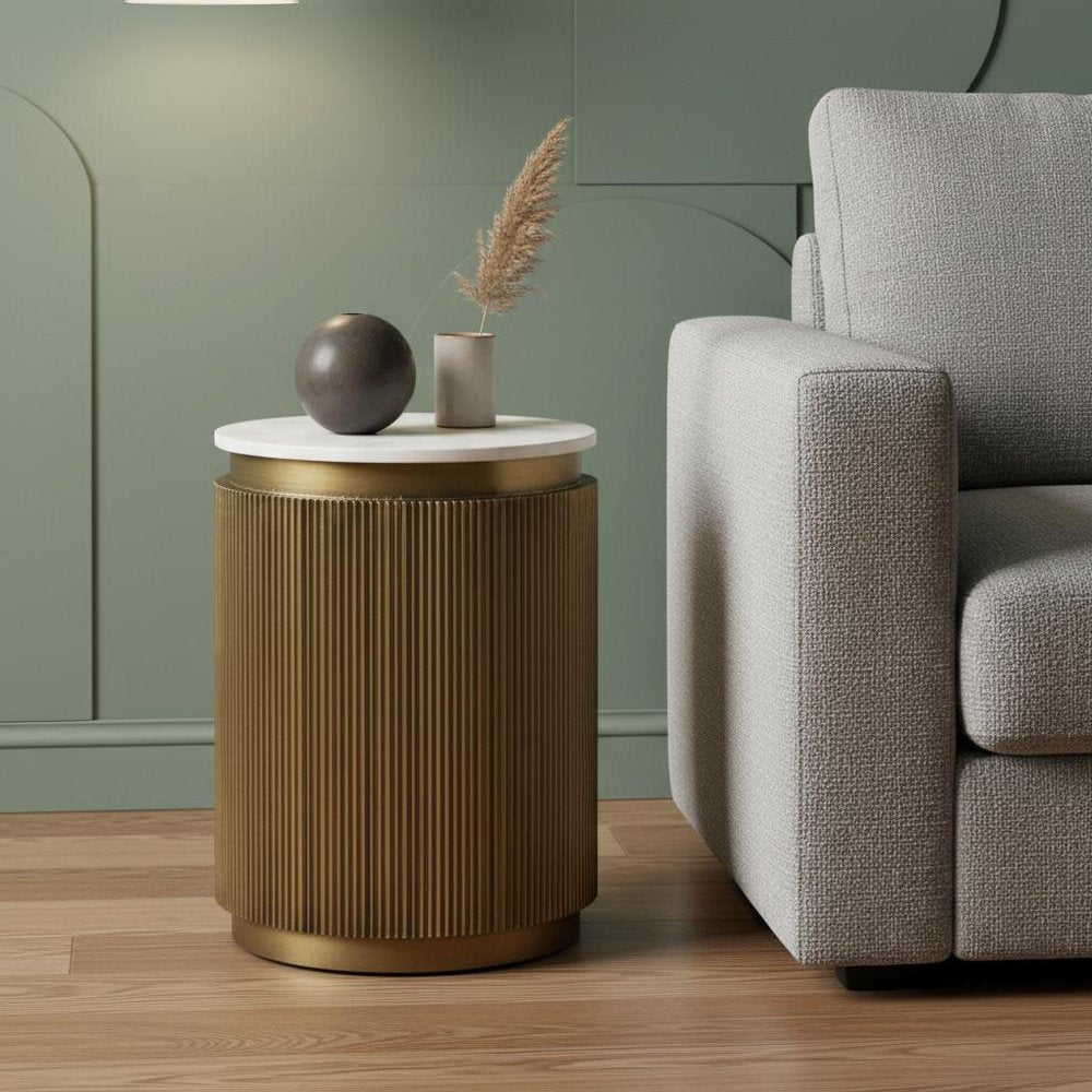 22" White and Gold Stone and Brass Round Block End Table