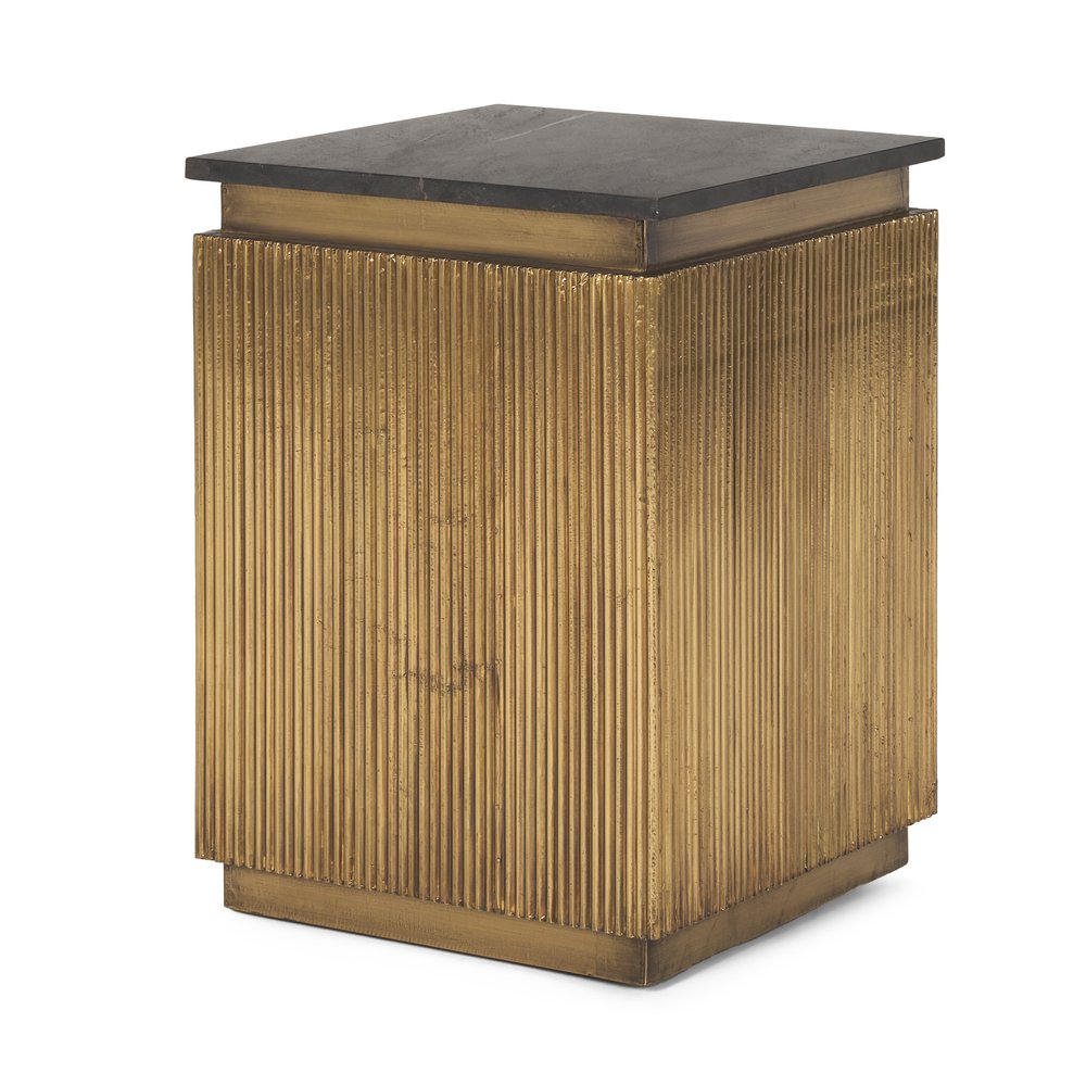22" Black and Gold Stone and Brass Square Block End Table