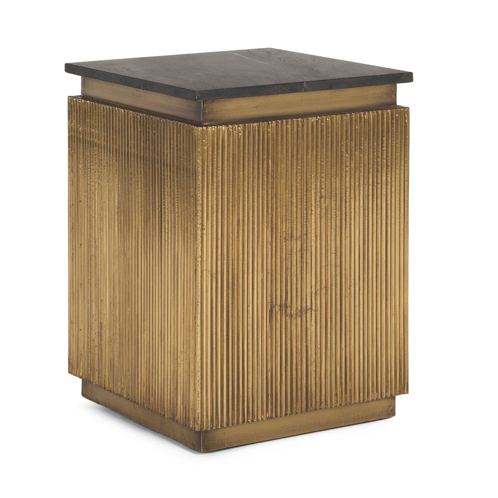 22" Black and Gold Stone and Brass Square Block End Table