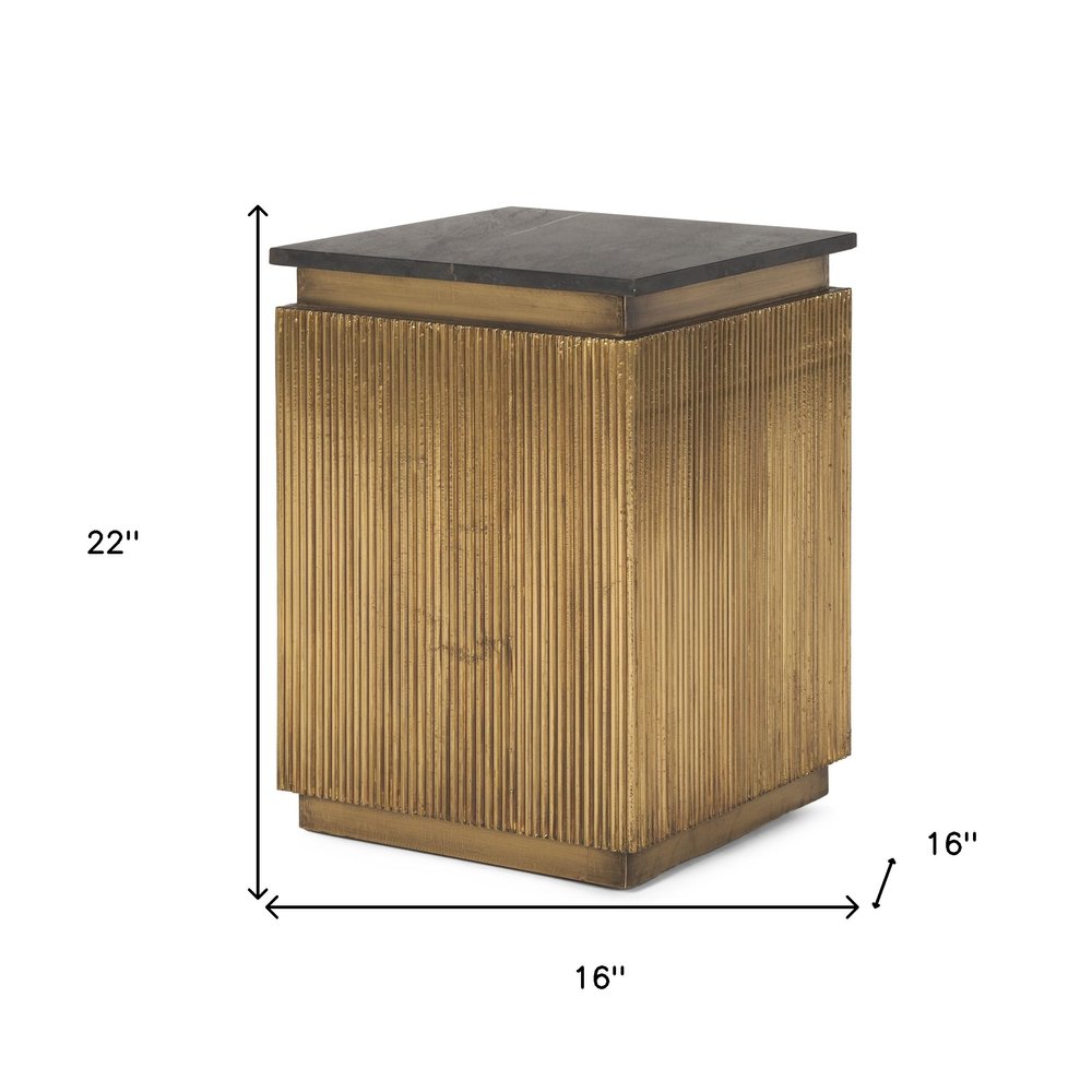 22" Black and Gold Stone and Brass Square Block End Table