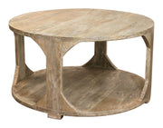 34" Natural Solid Wood Round Distressed Floor Shelf Coffee Table With Shelf