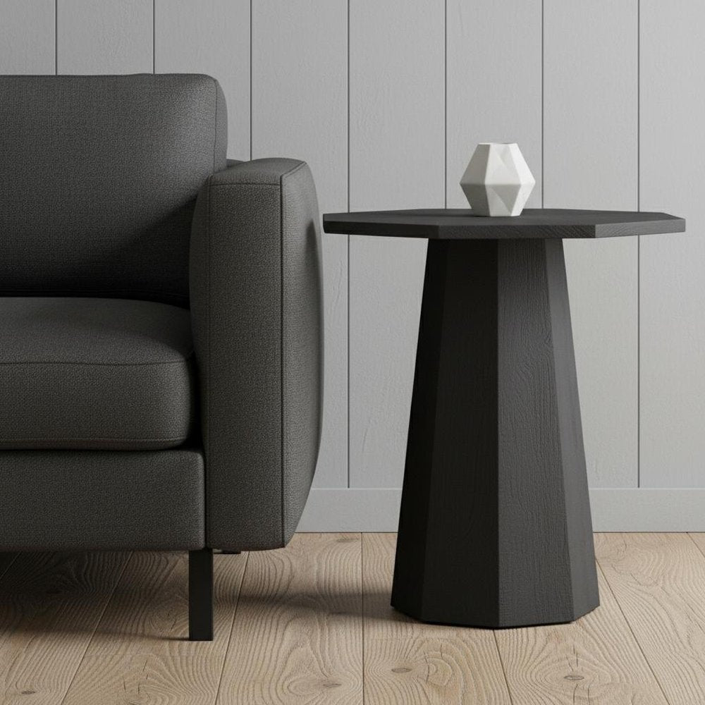 30" Black Solid Wood Hexagonal Pedestal End Table