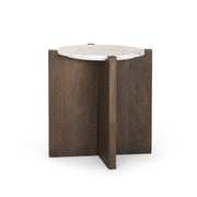 22" White and Brown Stone and Wood Tray Table