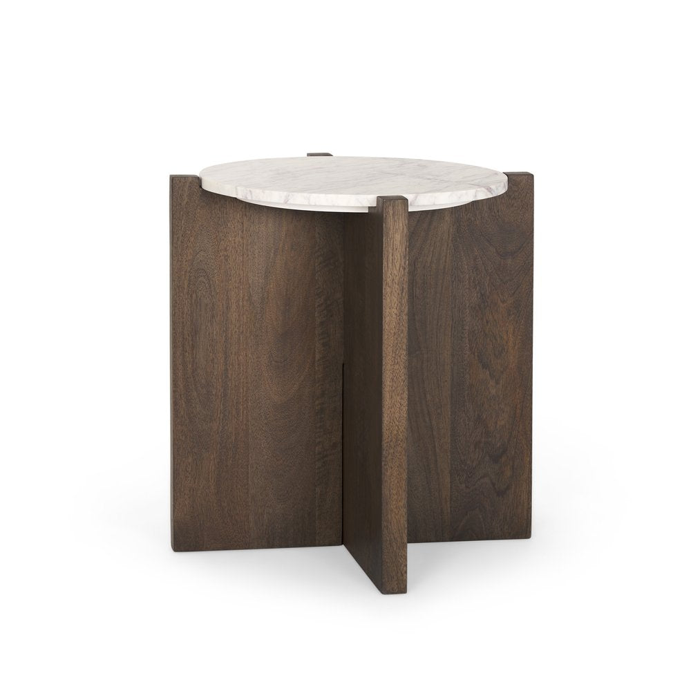22" White and Brown Stone and Wood Tray Table