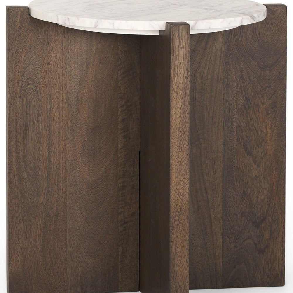 22" White and Brown Stone and Wood Tray Table