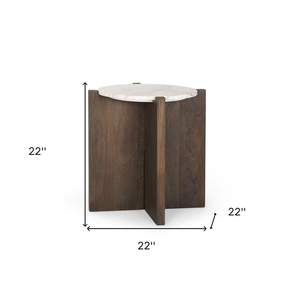 22" White and Brown Stone and Wood Tray Table