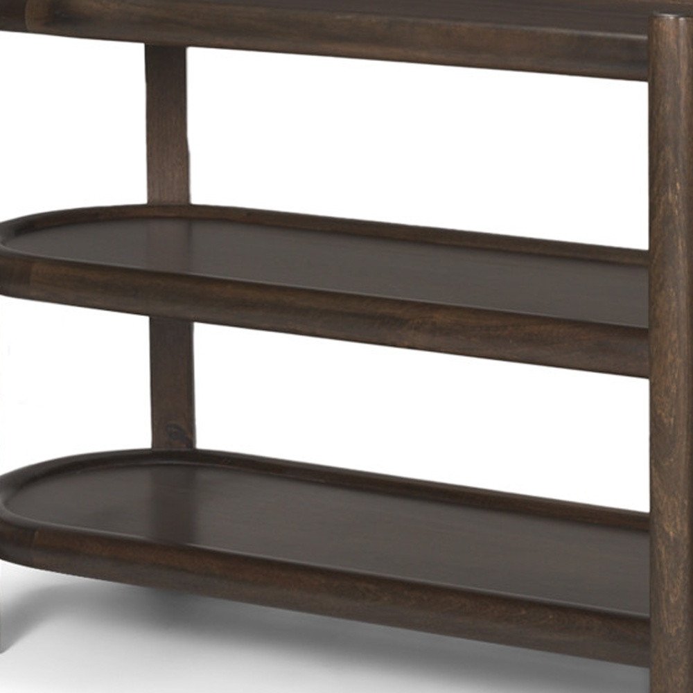 80" Dark Brown Solid Wood Oval Six Leg Console Table With Two Shelves