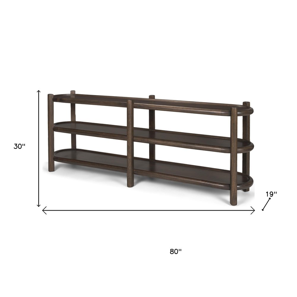 80" Dark Brown Solid Wood Oval Six Leg Console Table With Two Shelves