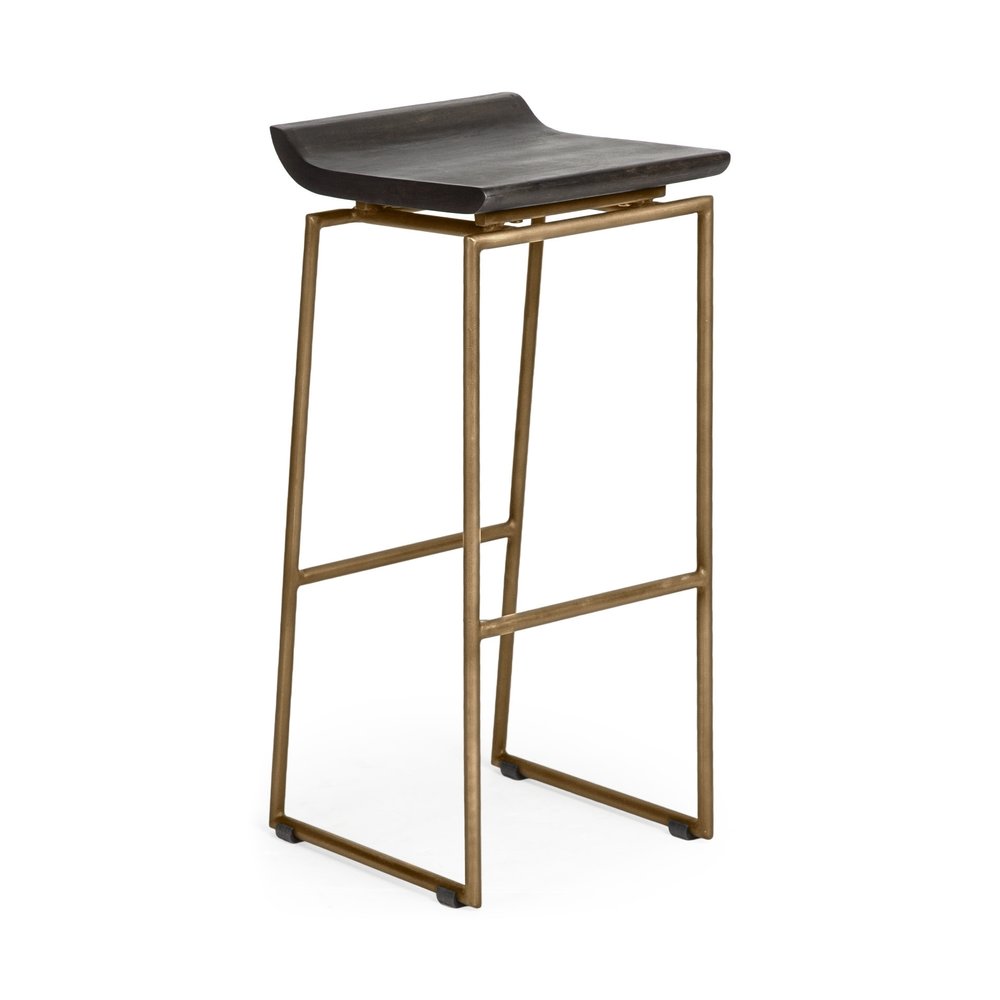 30" Black and Gold Solid Wood and Metal Backless Bar Height Bar Chair