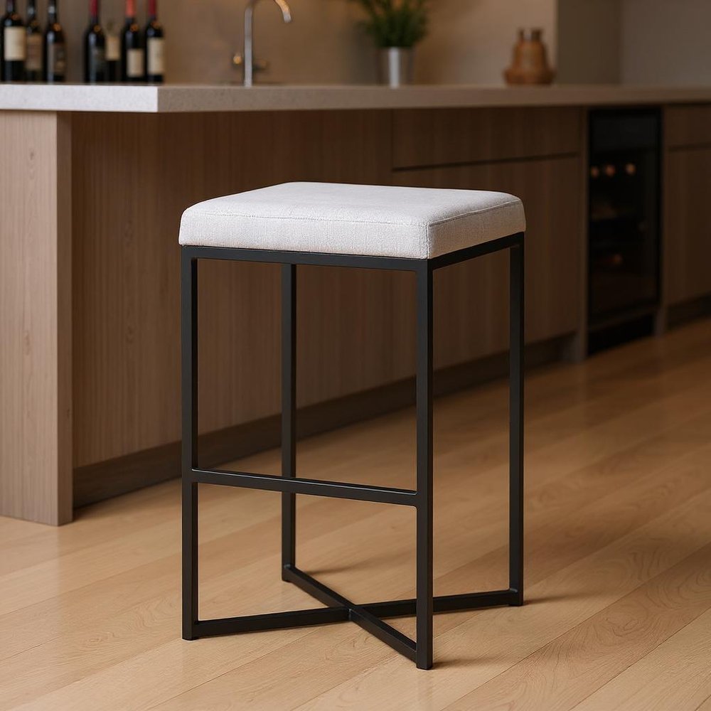 30" White and Black Iron and Fabric Backless Bar Height Bar Chair