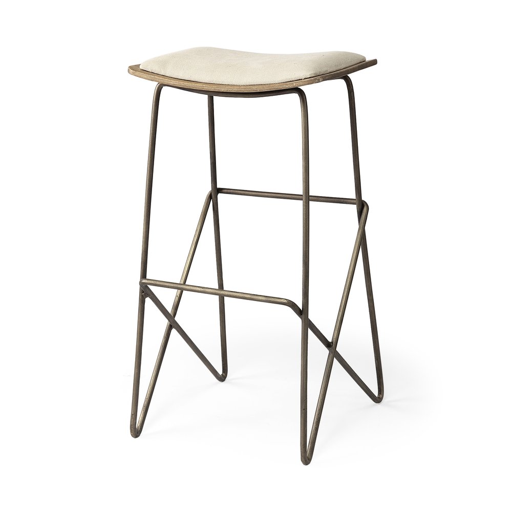 30" Cream and Gold Iron and Fabric Backless Bar Height Bar Chair
