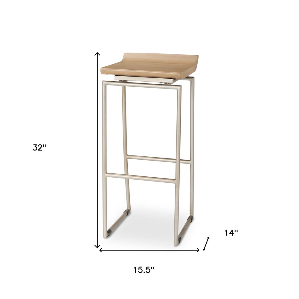 31" Natural and Silver Solid Wood and Iron Low Back Bar Height Bar Chair
