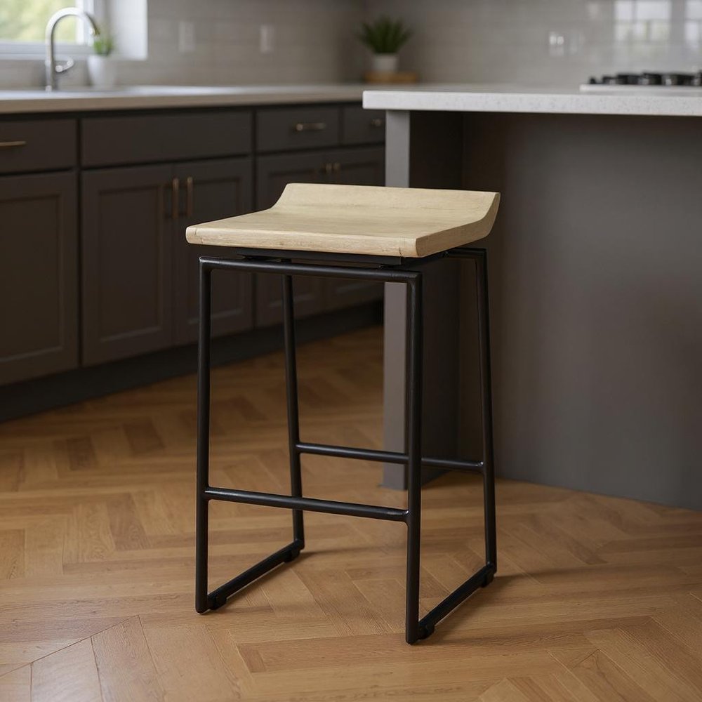 25" Natural and Black Solid Wood and Metal Low Back Counter Height Bar Chair