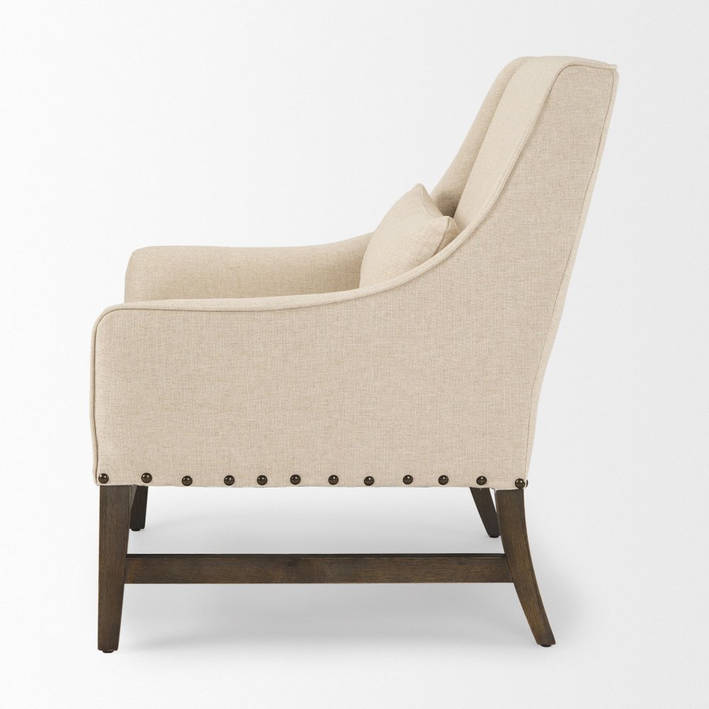 30" Cream and Brown Linen and Solid Wood Arm Chair