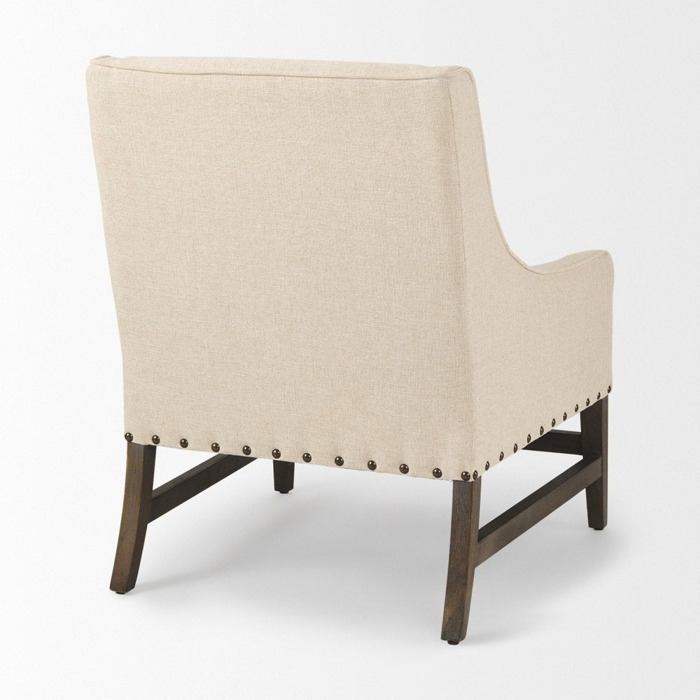 30" Cream and Brown Linen and Solid Wood Arm Chair