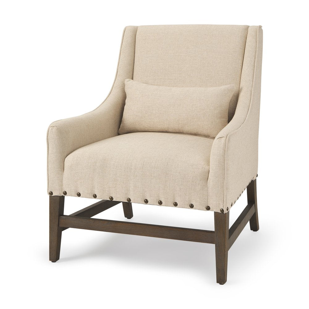 30" Cream and Brown Linen and Solid Wood Arm Chair