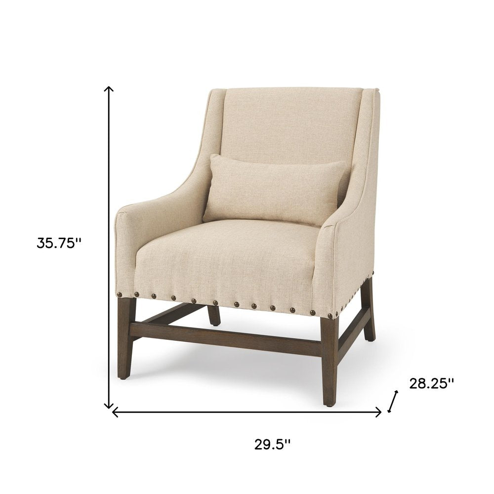 30" Cream and Brown Linen and Solid Wood Arm Chair