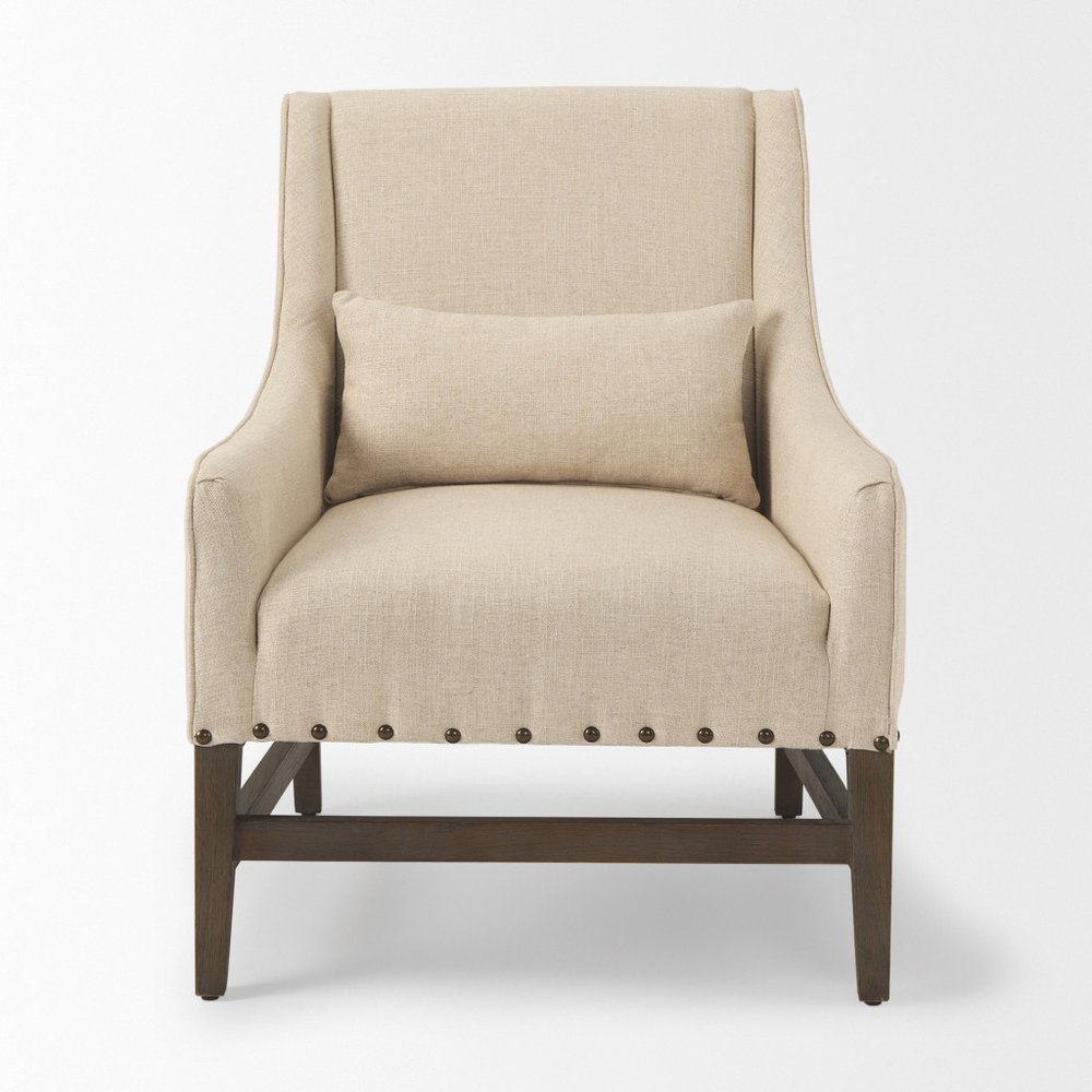 30" Cream and Brown Linen and Solid Wood Arm Chair