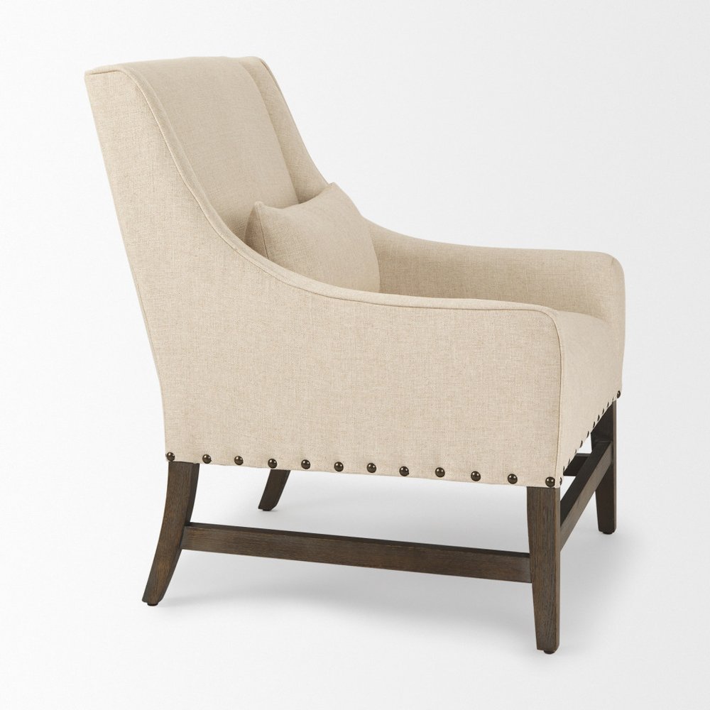 30" Cream and Brown Linen and Solid Wood Arm Chair