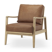 34" Brown and Natural Genuine Leather and Solid Wood Arm Chair