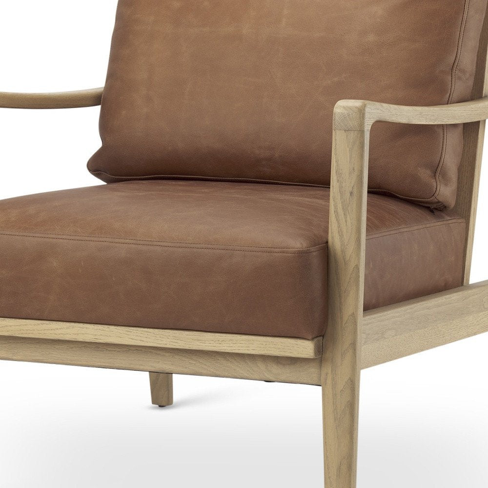34" Brown and Natural Genuine Leather and Solid Wood Arm Chair