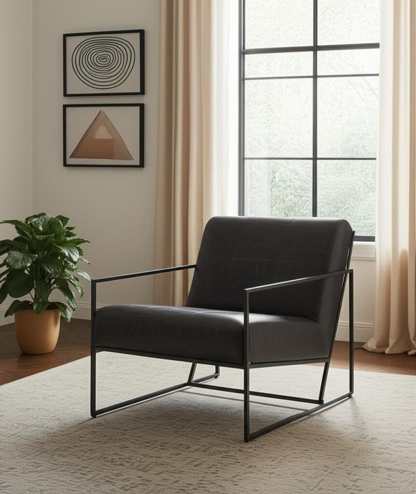 37" Black Genuine Leather and Metal Lounge Chair