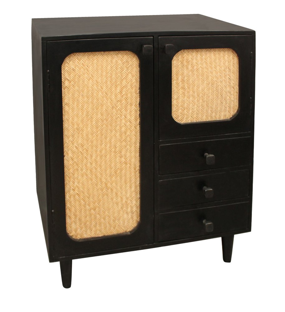 32" Black Distressed Solid Wood Three Drawer Sideboard with Two Doors