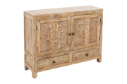 48" White Distressed Solid Wood Carved Floral Two Drawer Sideboard With Two Doors