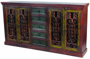 82" Red Distressed Solid Wood Five Drawer Buffet Table with Four Doors