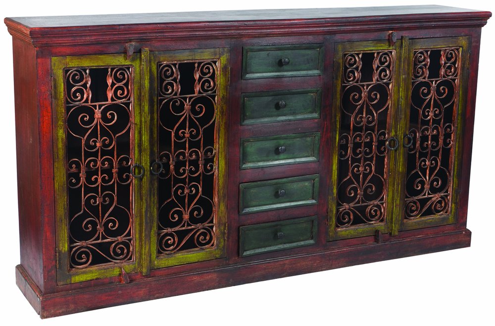 82" Red Distressed Solid Wood Five Drawer Buffet Table with Four Doors