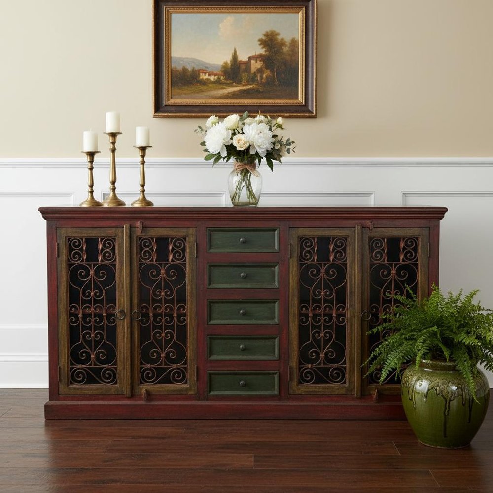 82" Red Distressed Solid Wood Five Drawer Buffet Table with Four Doors