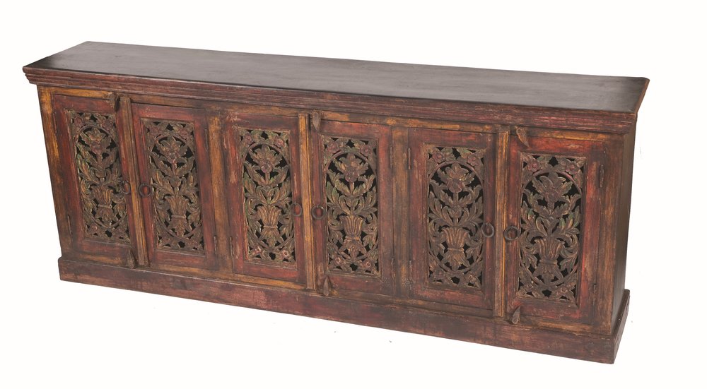 90" Red Distressed Solid Wood Carved Scrollwork Buffet Table with Six Doors