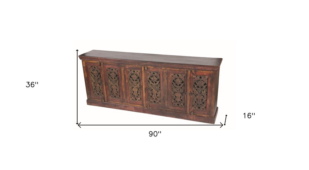 90" Red Distressed Solid Wood Carved Scrollwork Buffet Table with Six Doors