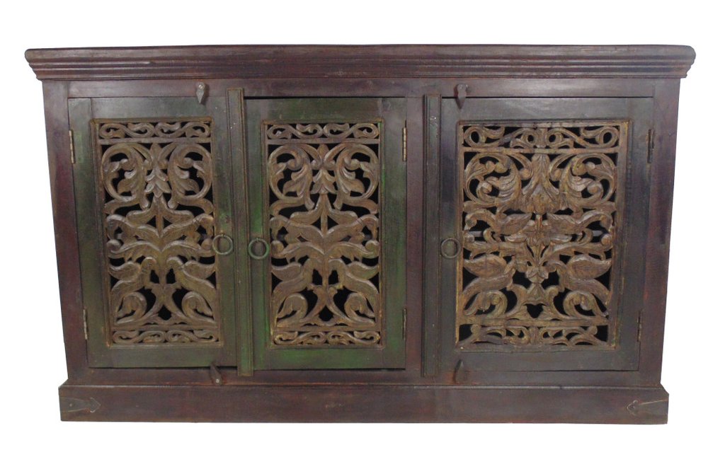 60" Brown Distressed Solid Wood Carved Scrollwork Buffet Table With Three Doors
