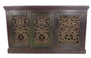 60" Brown Distressed Solid Wood Carved Scrollwork Buffet Table With Three Doors
