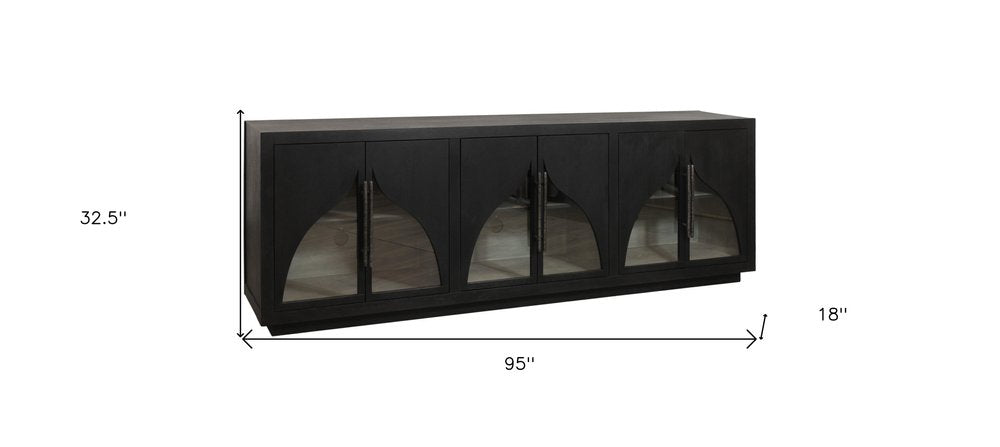 95" Dark Brown Distressed Solid Wood Sideboard with Six Doors