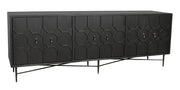 91" Black Distressed Reclaimed Wood Carved Geometric Sideboard With Six Doors