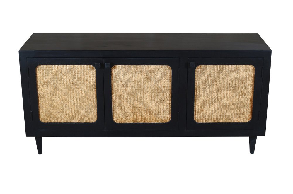 60" Black Distressed Solid Wood Sideboard with Three Doors