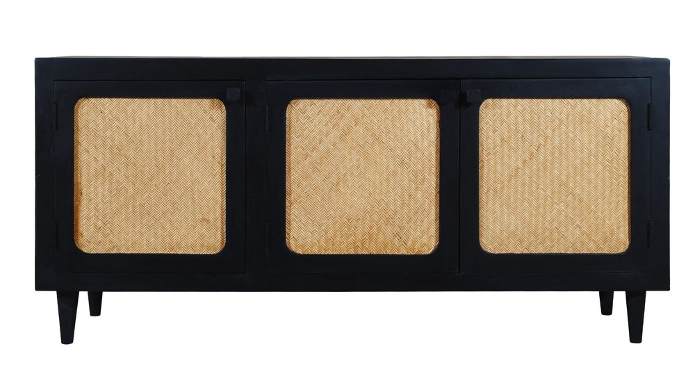 60" Black Distressed Solid Wood Sideboard with Three Doors