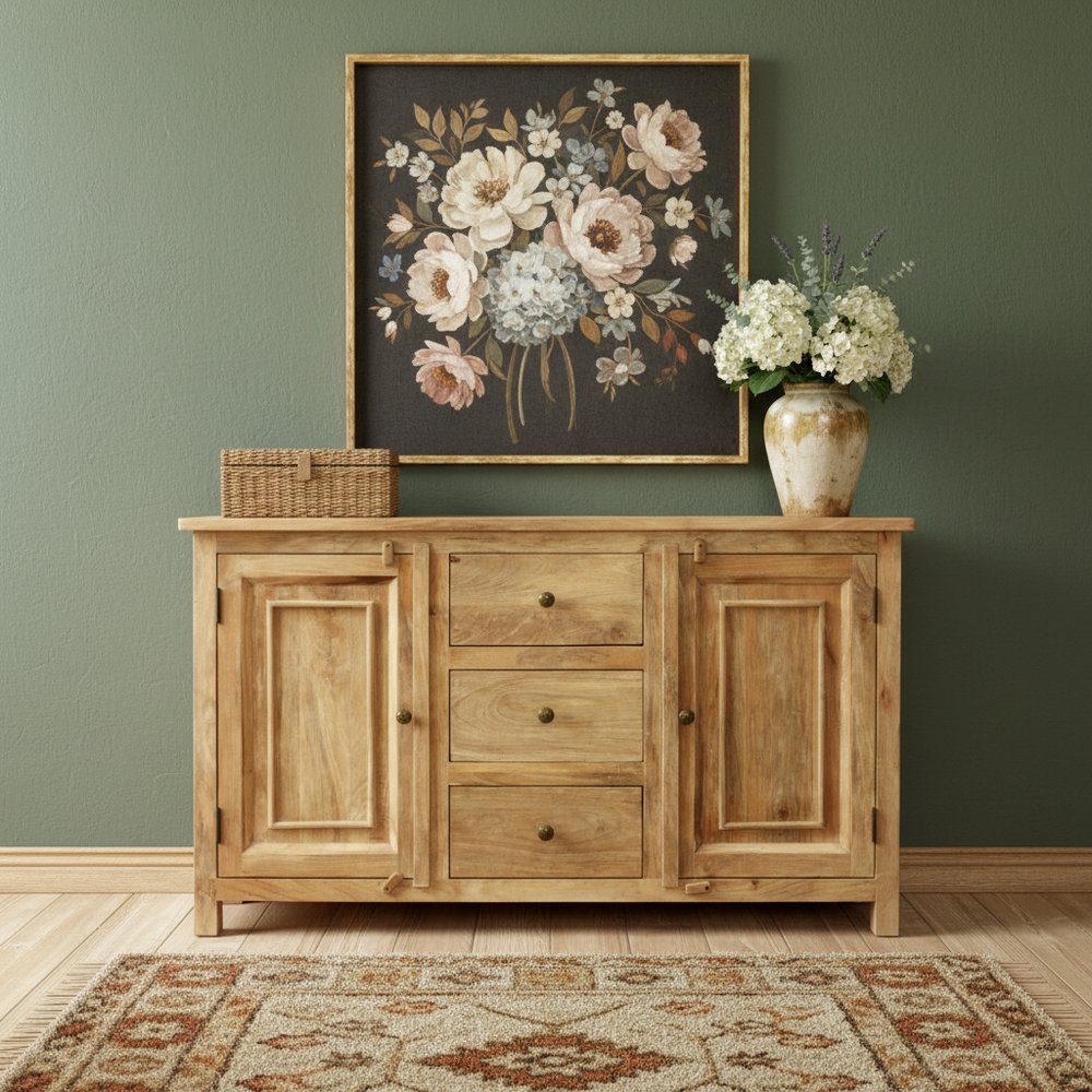 60" Natural Distressed Solid Wood Three Drawer Sideboard With Two Doors