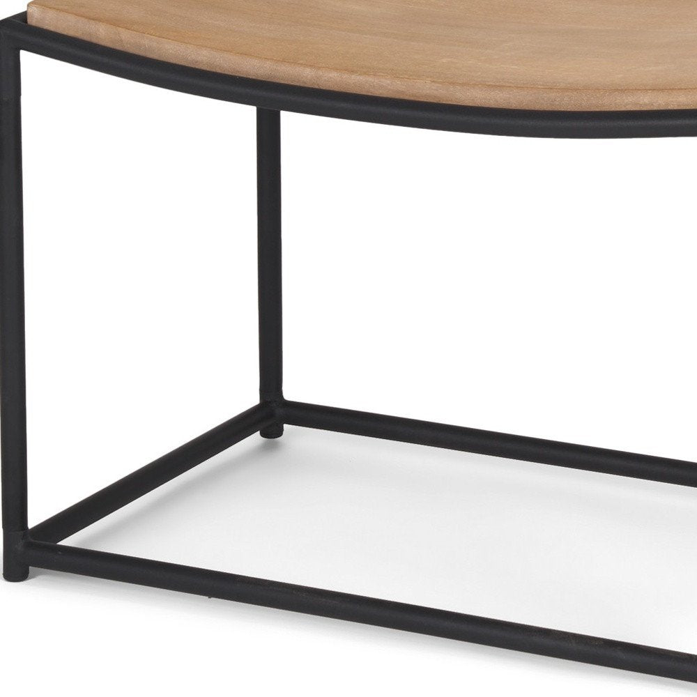 23" Natural and Black Solid Wood and Metal Footstool