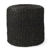 18" Black Water Hyacinth Round Pouf Ottoman