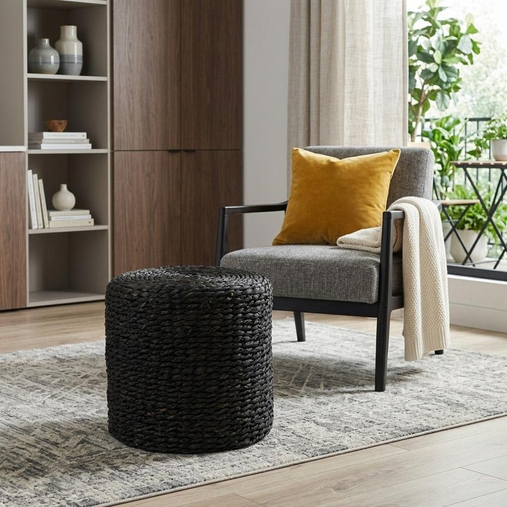 18" Black Water Hyacinth Round Pouf Ottoman