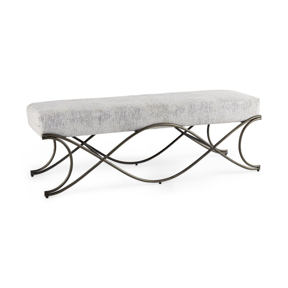 55" Dark Gray and Nickel Chenille and Metal Upholstered Bench