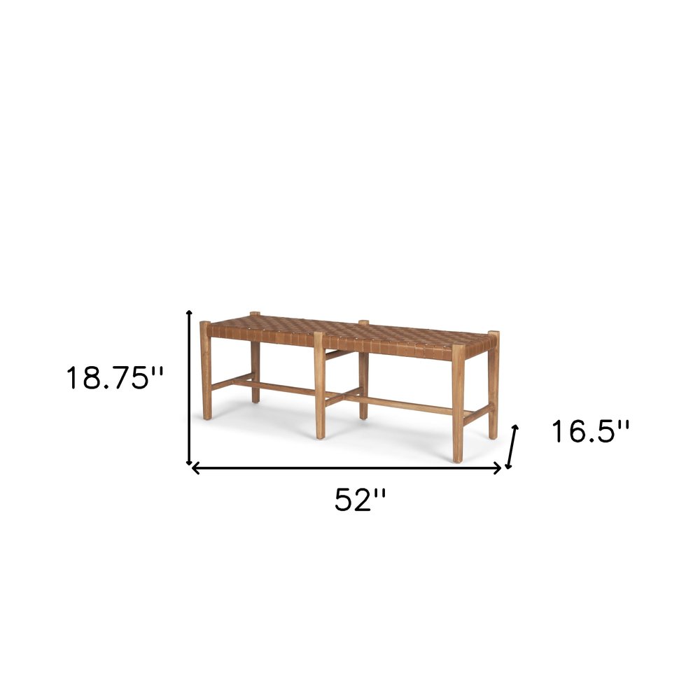 52" Brown Genuine Leather and Solid Wood Upholstered Bench